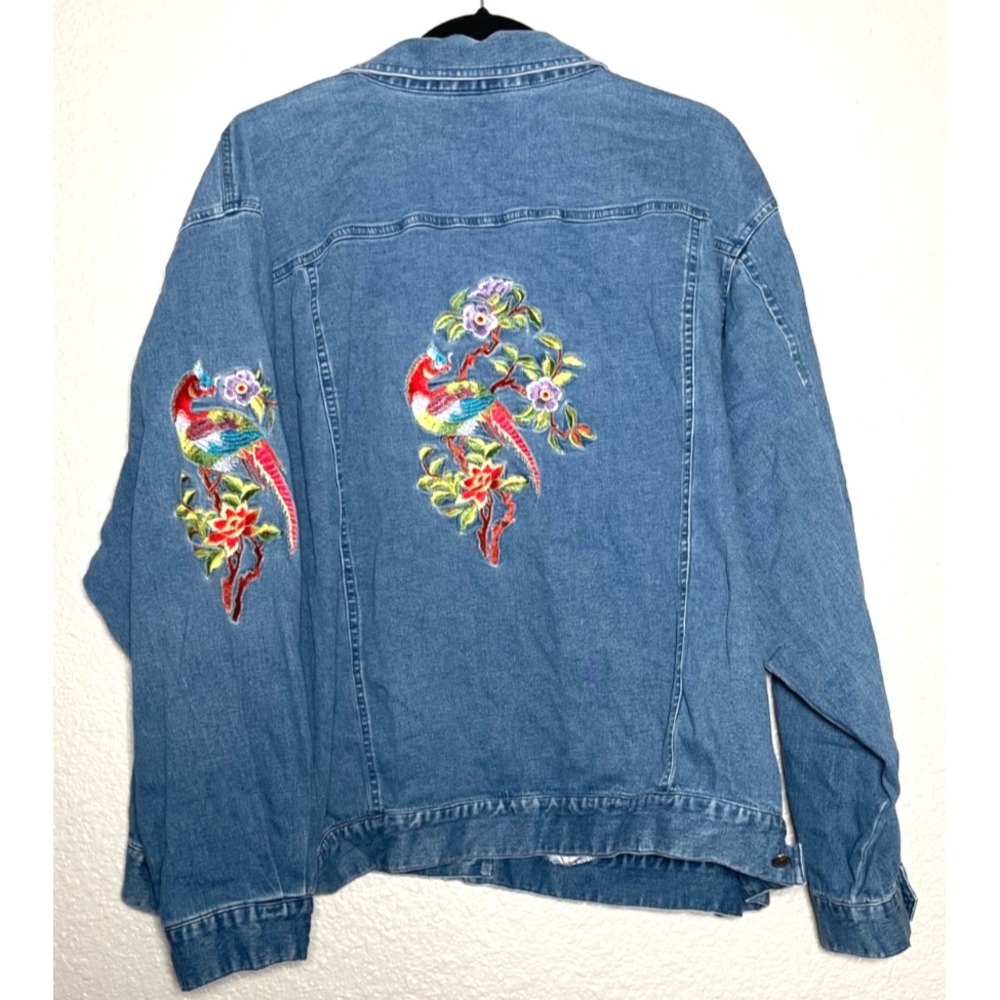 Vintage Yi Lin Jean Jacket‎ Women's 3X Blue Denim Floral Bird Embroidered